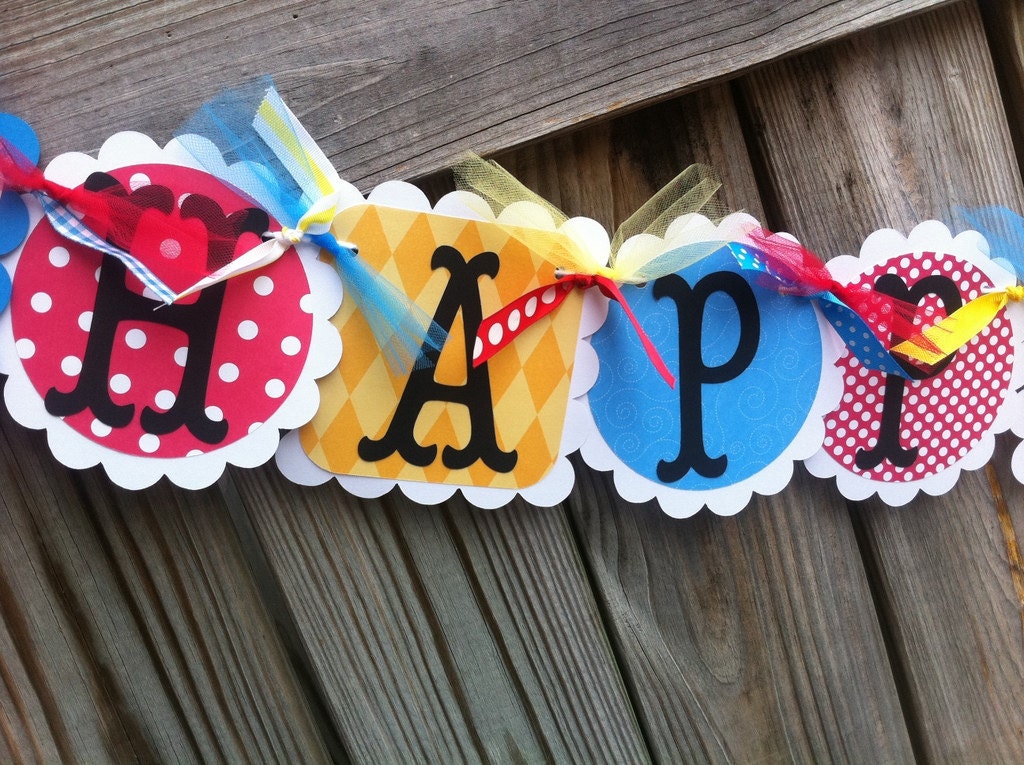 Customized Circus Themed HAPPY BIRTHDAY Banner in Red, Turquoise & Yellow
