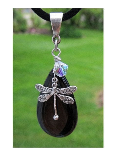 Dragonfly Pendant Necklace Black Glass Teardrop with Swarovski Crystal