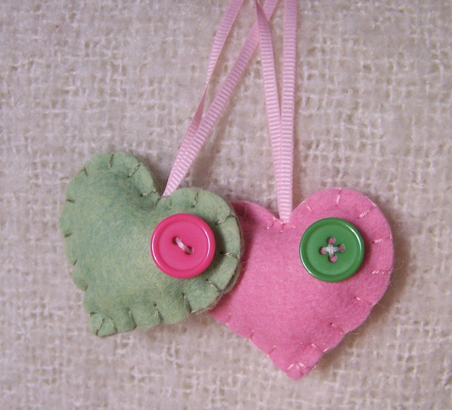 Wool Felt Love Hearts Ornaments - Pink and Green
