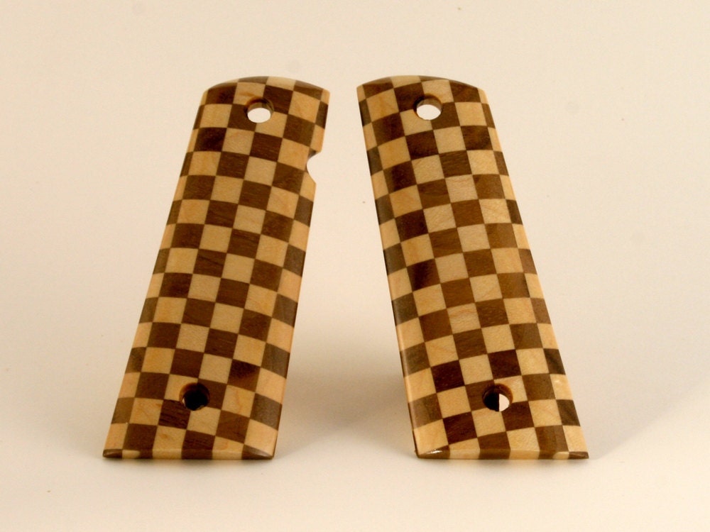 Walnut and Maple Checkerboard Pattern Full Size 1911 Pistol Grips
