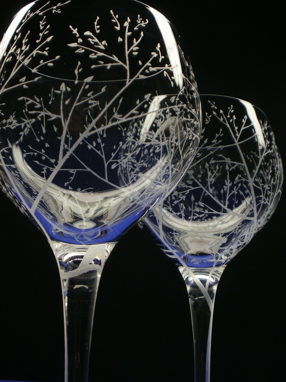 2 Red Wine Glasses . Hand Engraved Crystal Glass . 'Branches And Leaves' . Bridal party gift  Spring Glassware . Take 15% OFF At Checkout