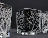 Set  Of  4  'Four Seasons'  Candle Holders . Hand Engraved Glass . Winter, Spring, Summer, Fall . Woodland Decor