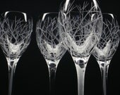 Reaching Branches . 4 White Wine Glasses . Hand Engraved Crystal Glass Wedding Party Gift Take 15% OFF At Checkout