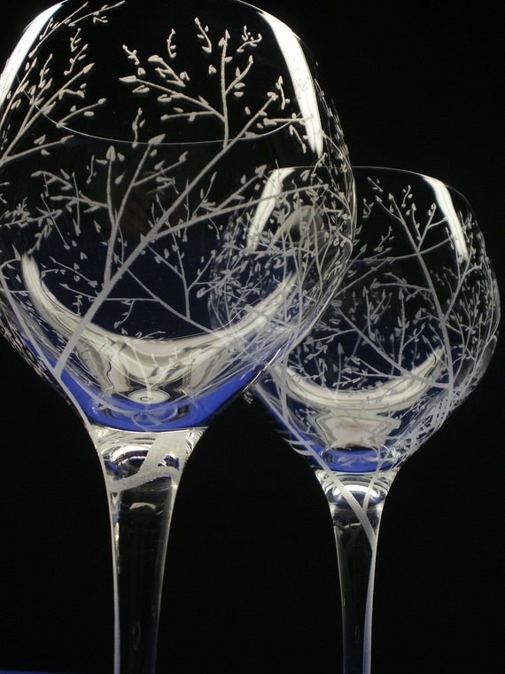 2 Red Wine Glasses . Hand Engraved Crystal Glass . 'Branches And Leaves' . Bridal party gift Spring Glassware