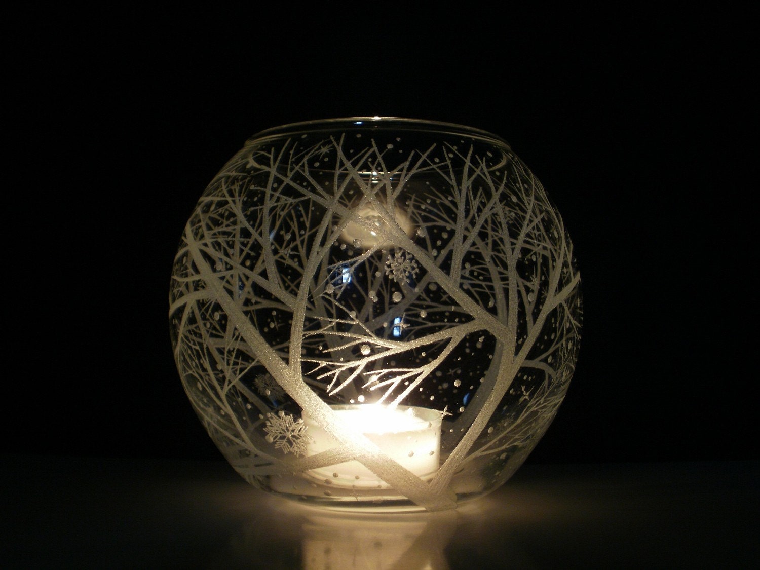 Snowflakes and Branches Candle Holder Glass Globe . 'Reaching Branches And Floating Flakes . Hand Engraved