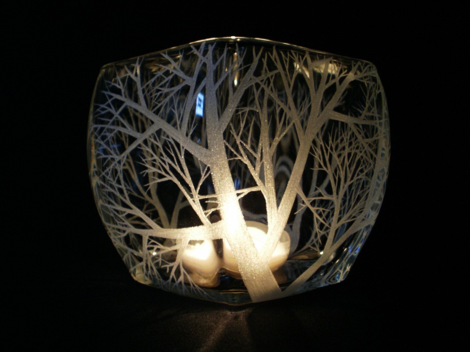 Medium Glass Tapered Candle Holder . Hand Engraved . 'Reaching Branches'