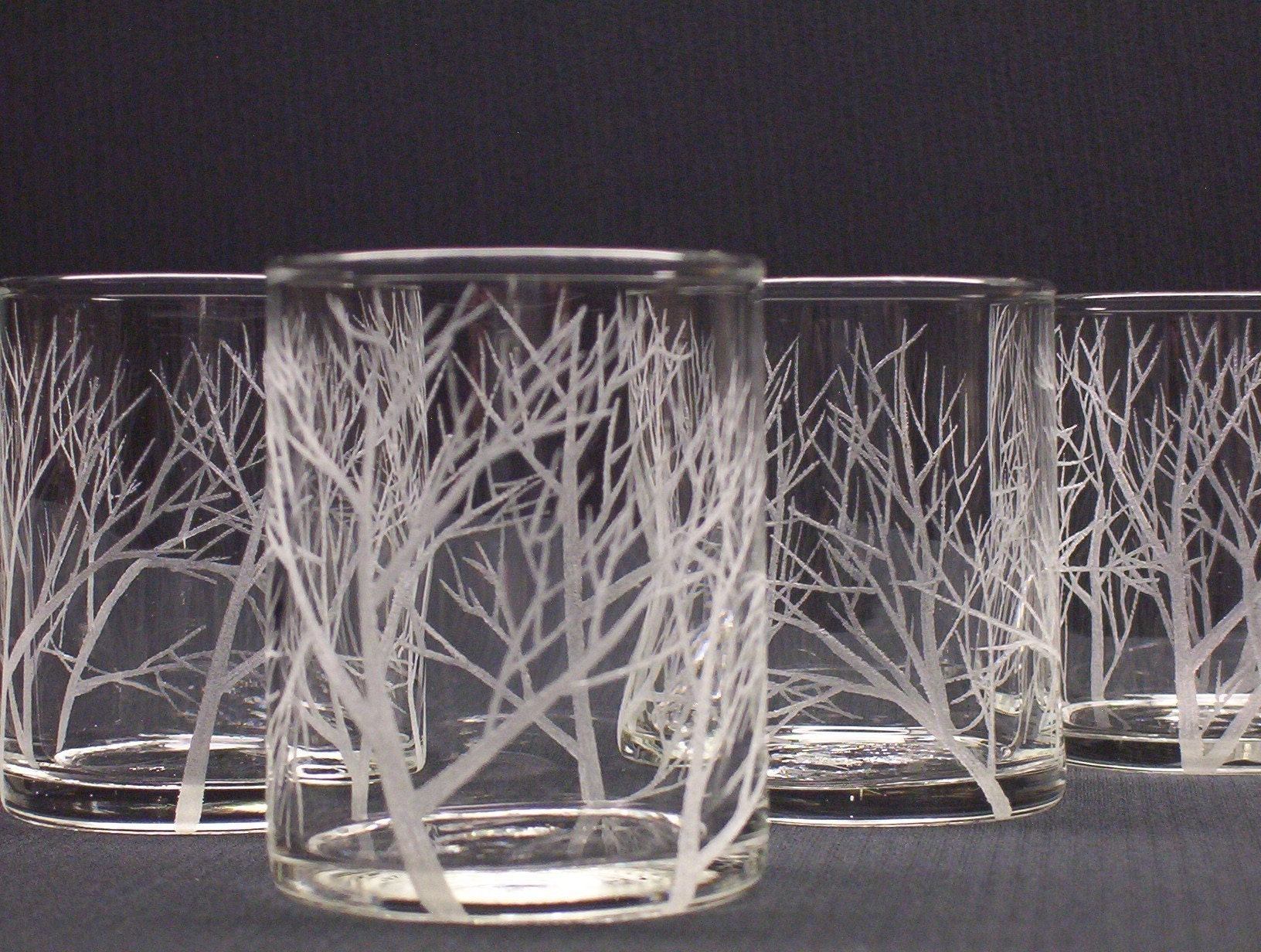 Four Glass Votive Holders, Hand Engraved . 'Reaching Branches'