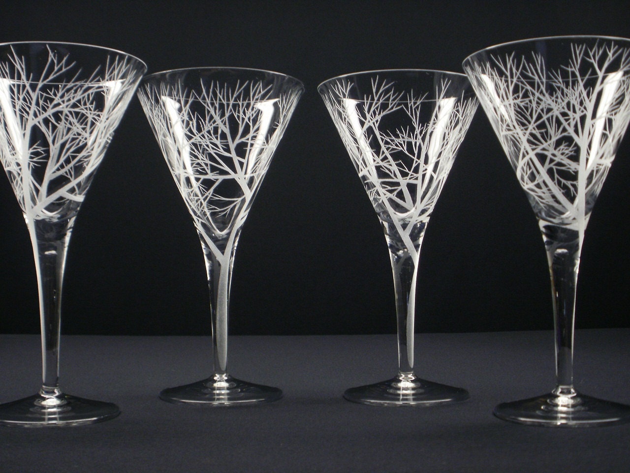 Four Martini Glasses . Hand Engraved . 'Reaching Branches' Barware Cocktail Glasses