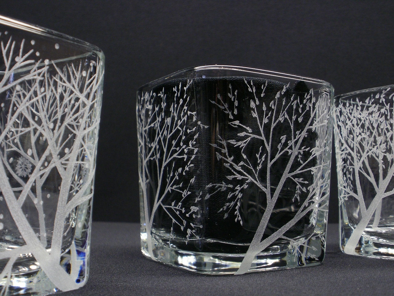 Set Of 4 'Four Seasons' Candle Holders . Hand Engraved Glass . Winter, Spring, Summer, Fall . Woodland Decor