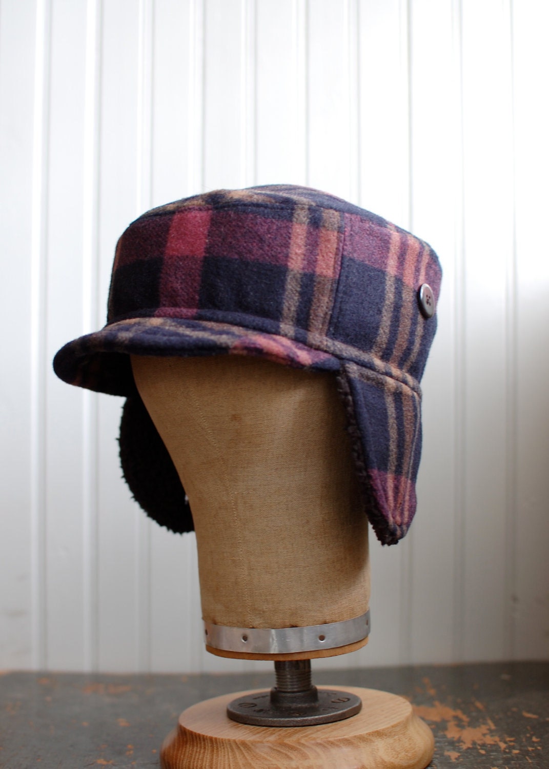 Pink and navy plaid hat with furry ear flaps: mens hat, womens hat - small