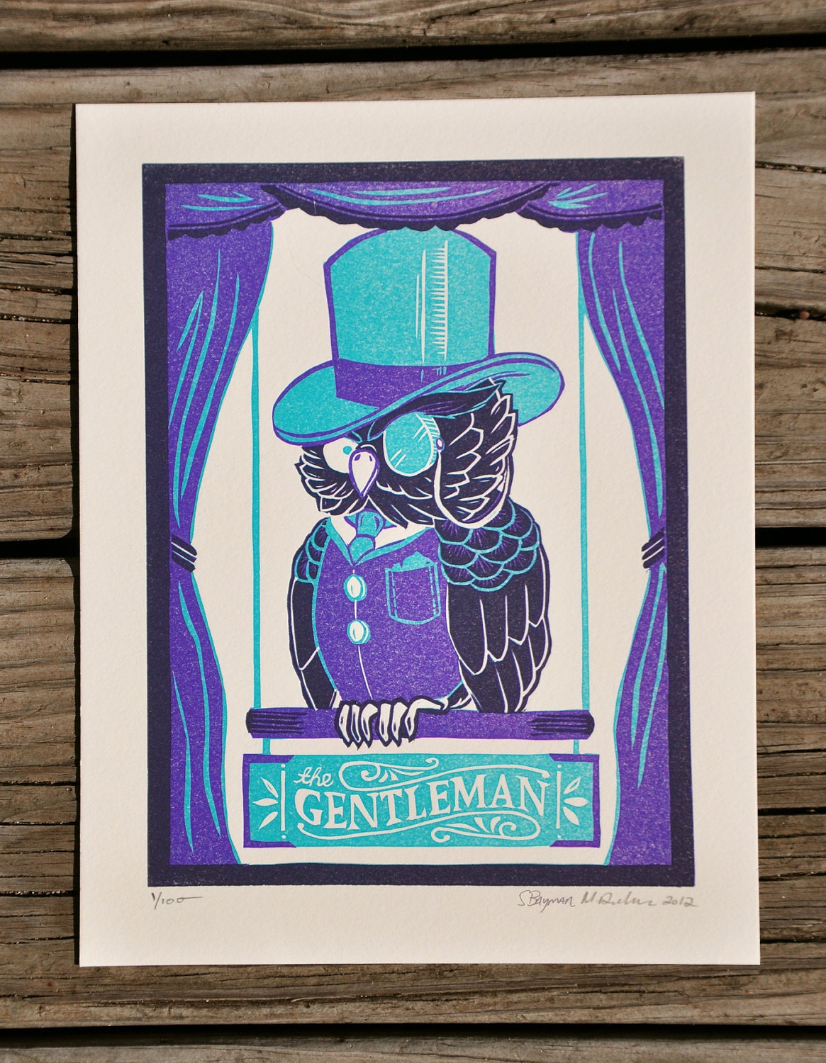 Limited Edition The Gentleman : a letterpress Owl in a top hat wearing a monocle