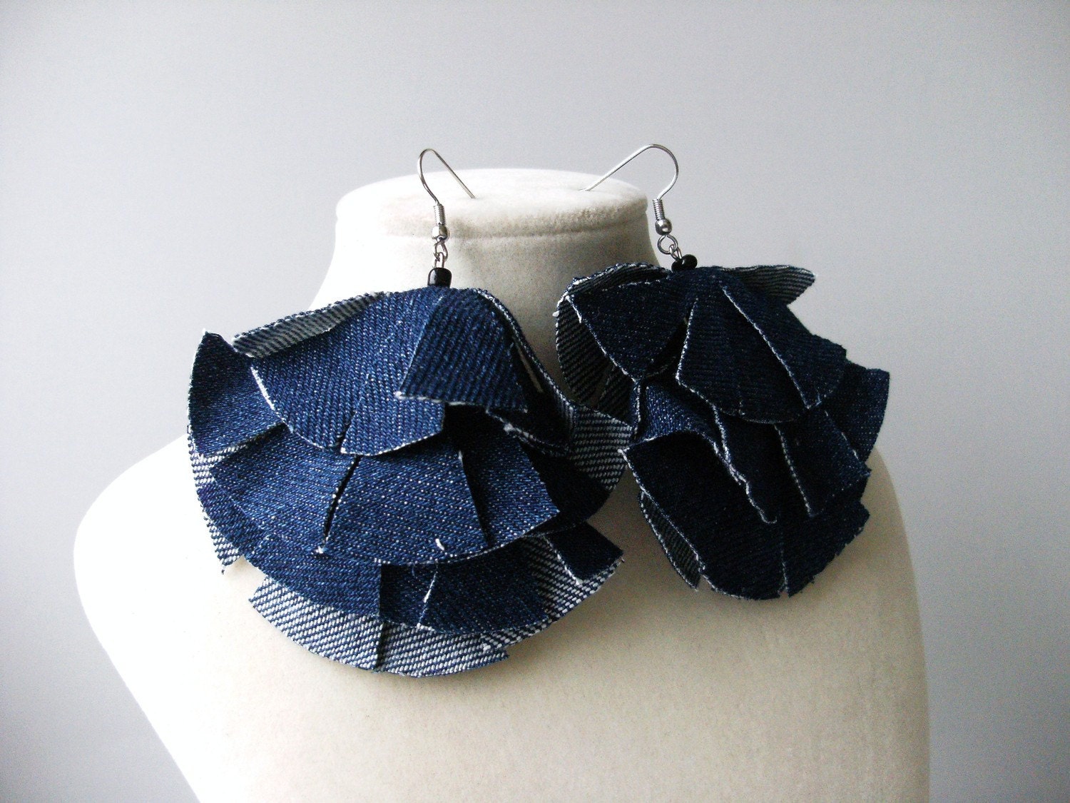 blue denim layered skirt fabric earrings