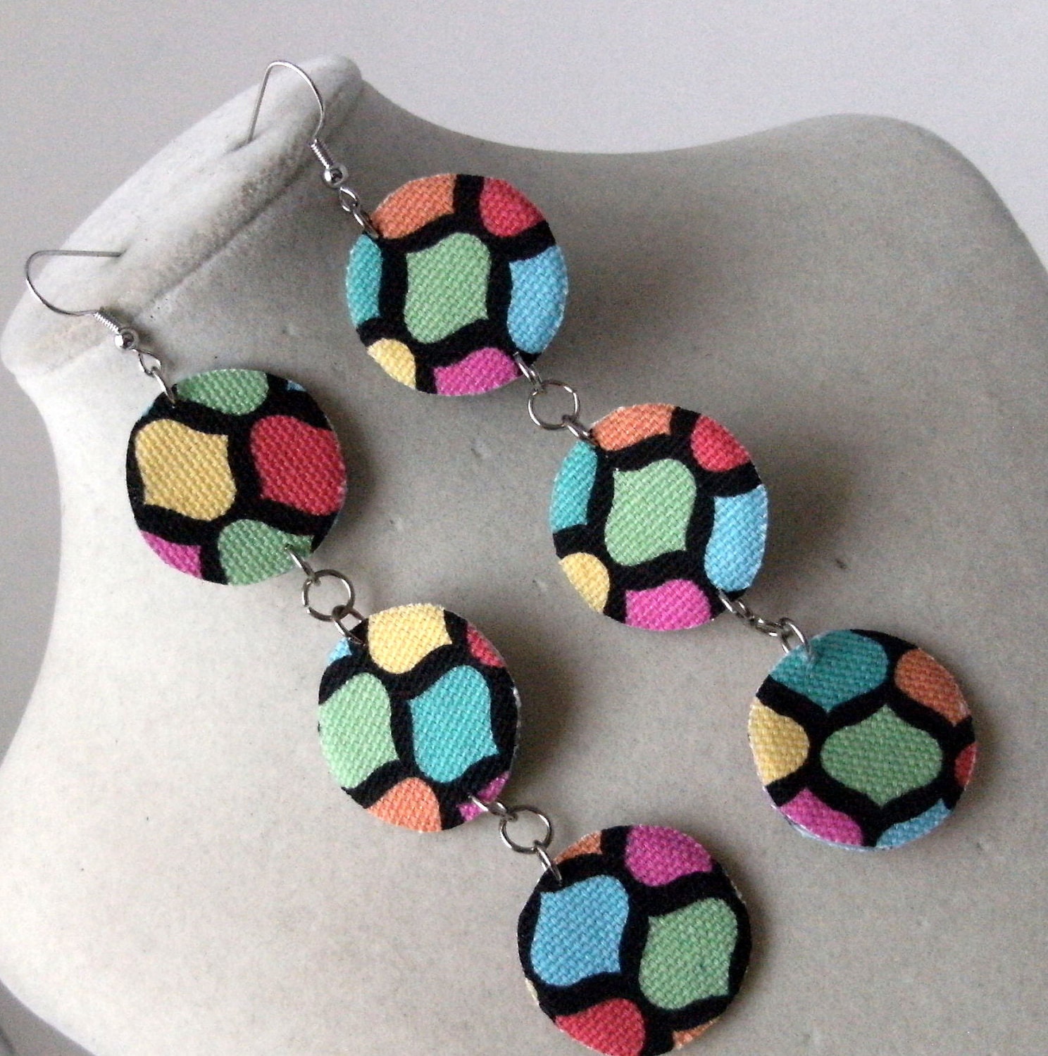 Triple circle dangle fabric earrings with retro print