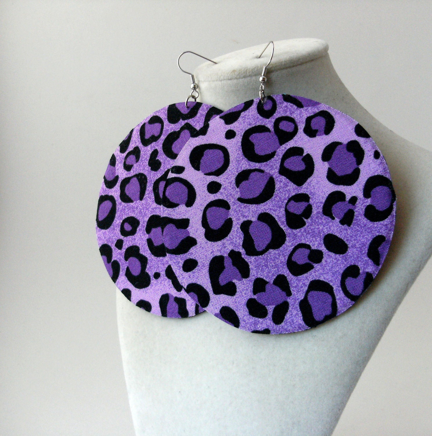 Big cotton fabric circle earrings, purple cheetah print