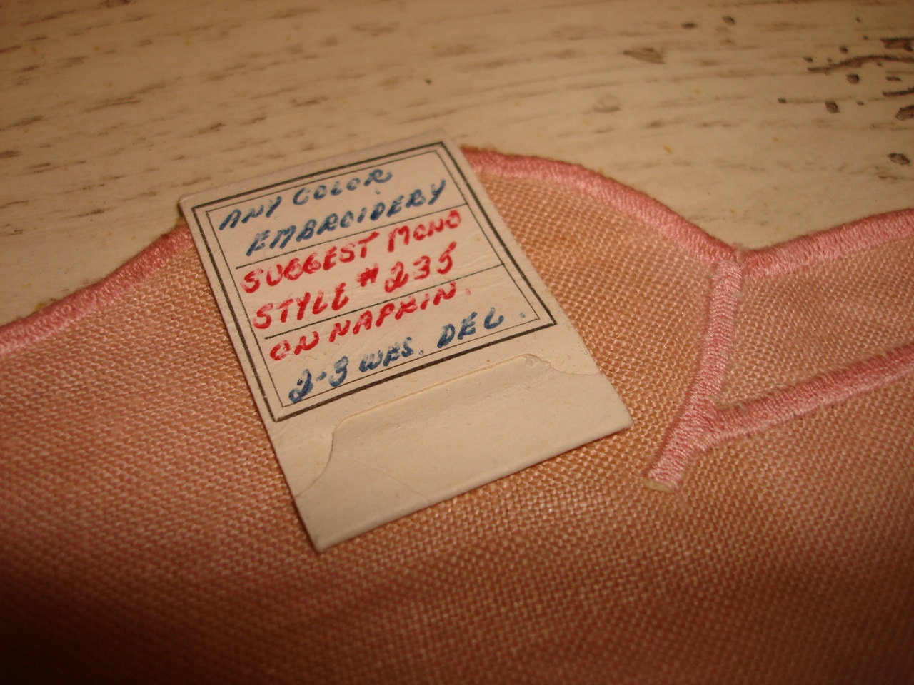 Rare NOS Salesman Samples Vintage Linen Placemats 7 PC Set Scalloped Pink on Pink Embroidery Stella Ranae