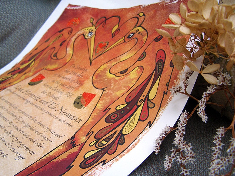 Love Birds Ketubah - Traditional Jewish Marriage Contract or Wedding Vows Artwork