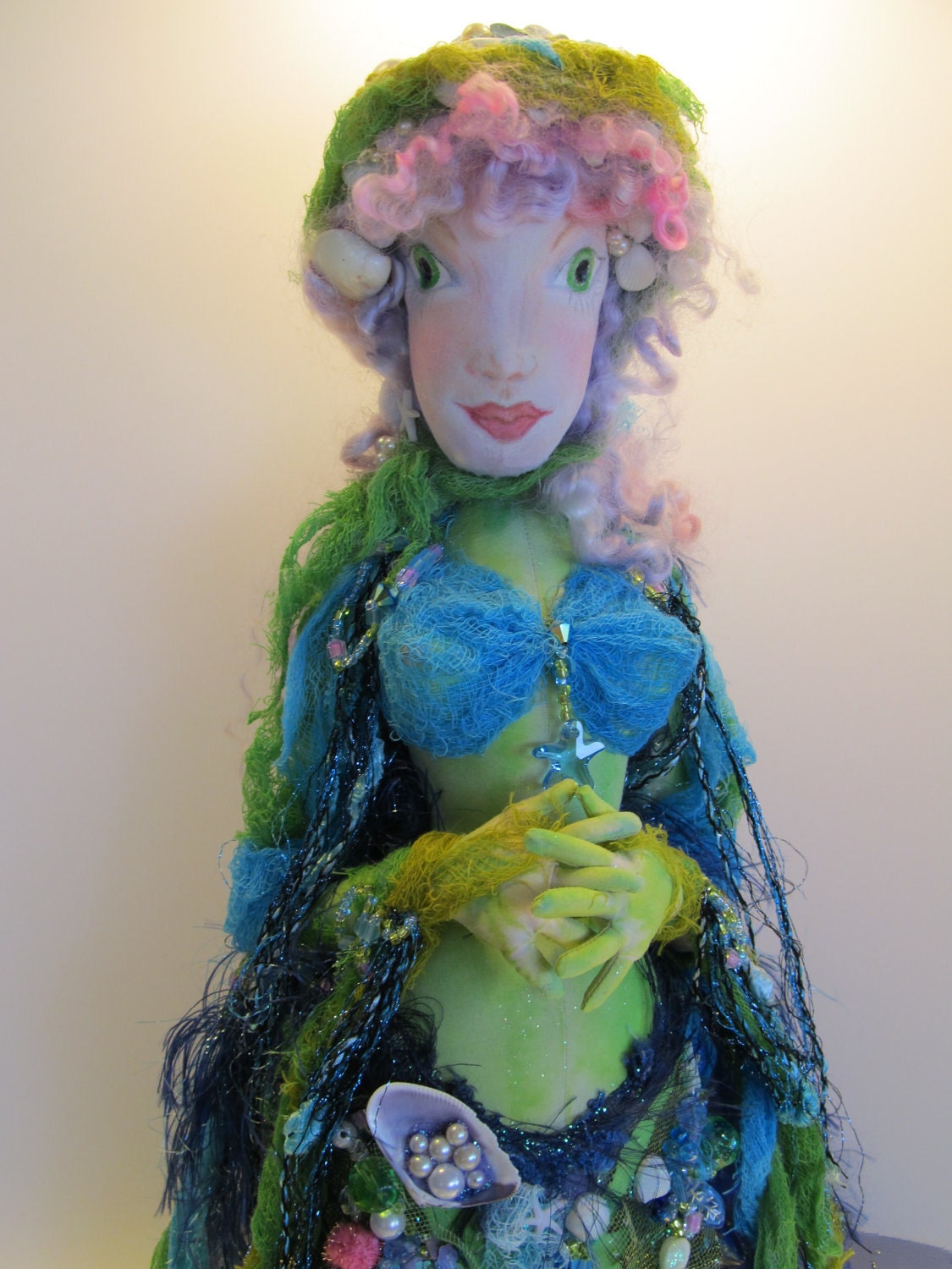 Lady of the Ocean, Ooak art doll beaded mermaid, wall hanging