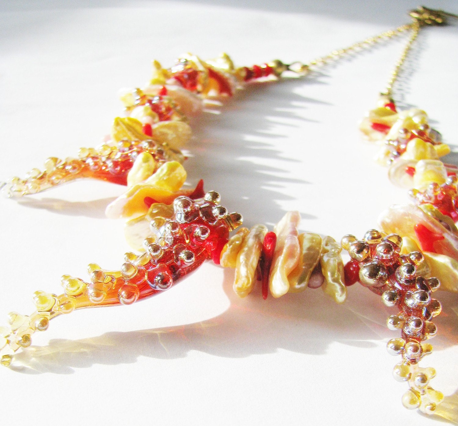 SALE -Vulcans Tears Necklace, SRA Artisan Sculptured Long Red Lampwork Tendrils, Biwa Pearls, Coral, 14k Gold Filled Luxury