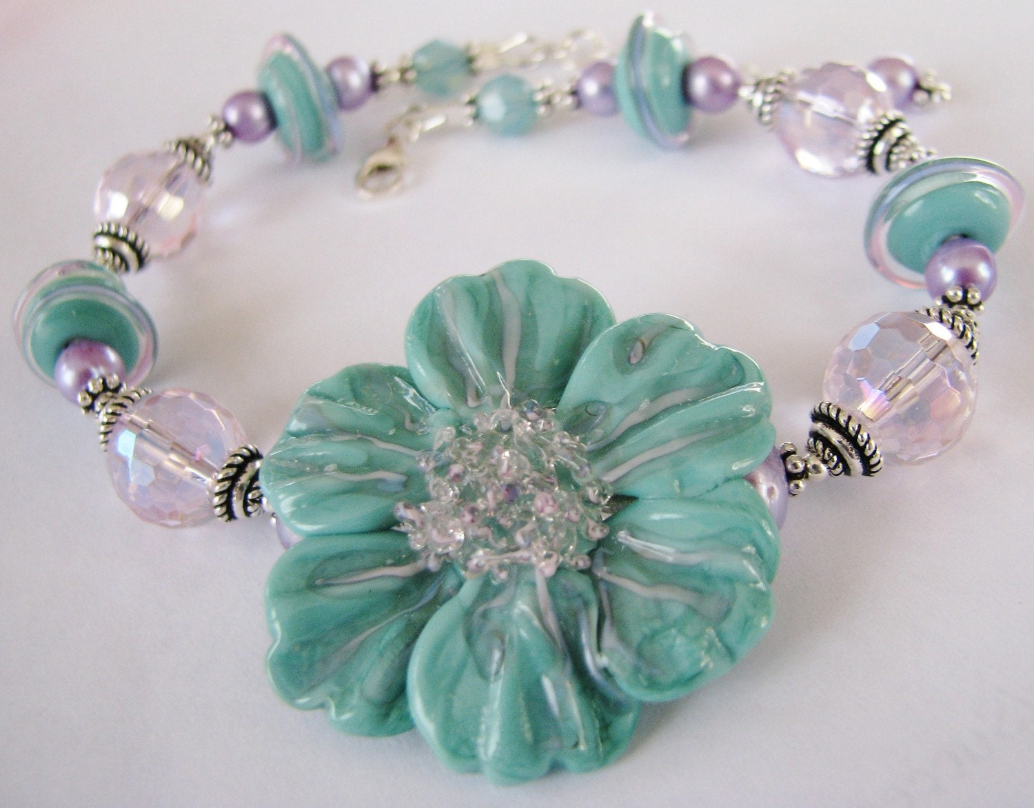 Aqua Sculptured Lampwork Flower Bracelet - Lampwork Glass Set, Freshwater Pearls, Swarovski Crystals, Bali Sterling Silver, Gift for Her