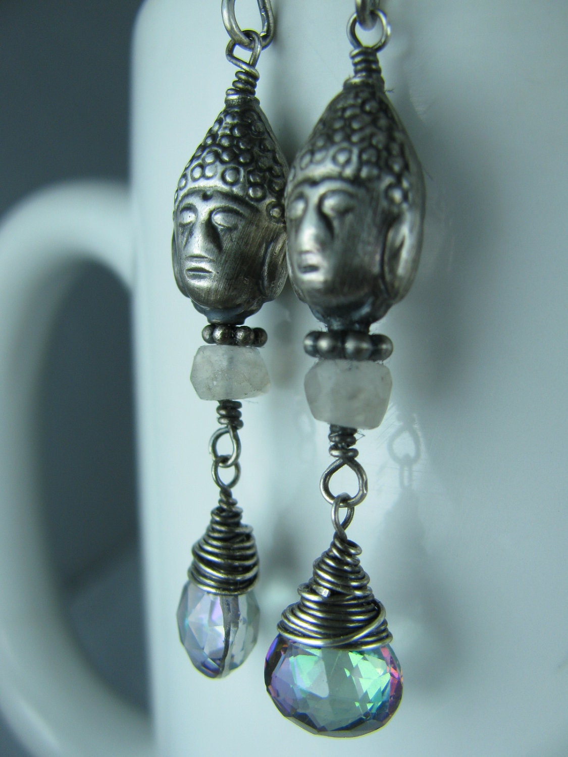 Thailand Inspired Mystic Topaz, Sterling Silver Buddha Heads, and Moonstone Earrings