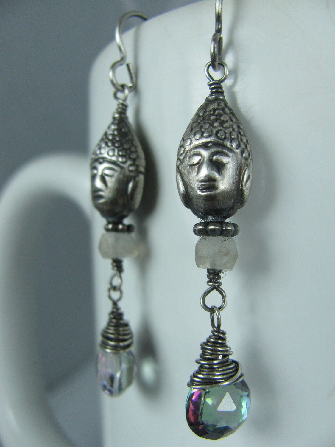 Thailand Inspired Mystic Topaz, Sterling Silver Buddha Heads, and Moonstone Earrings
