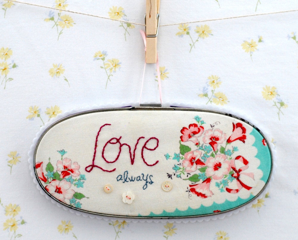 embroidered vintage hankie wall art