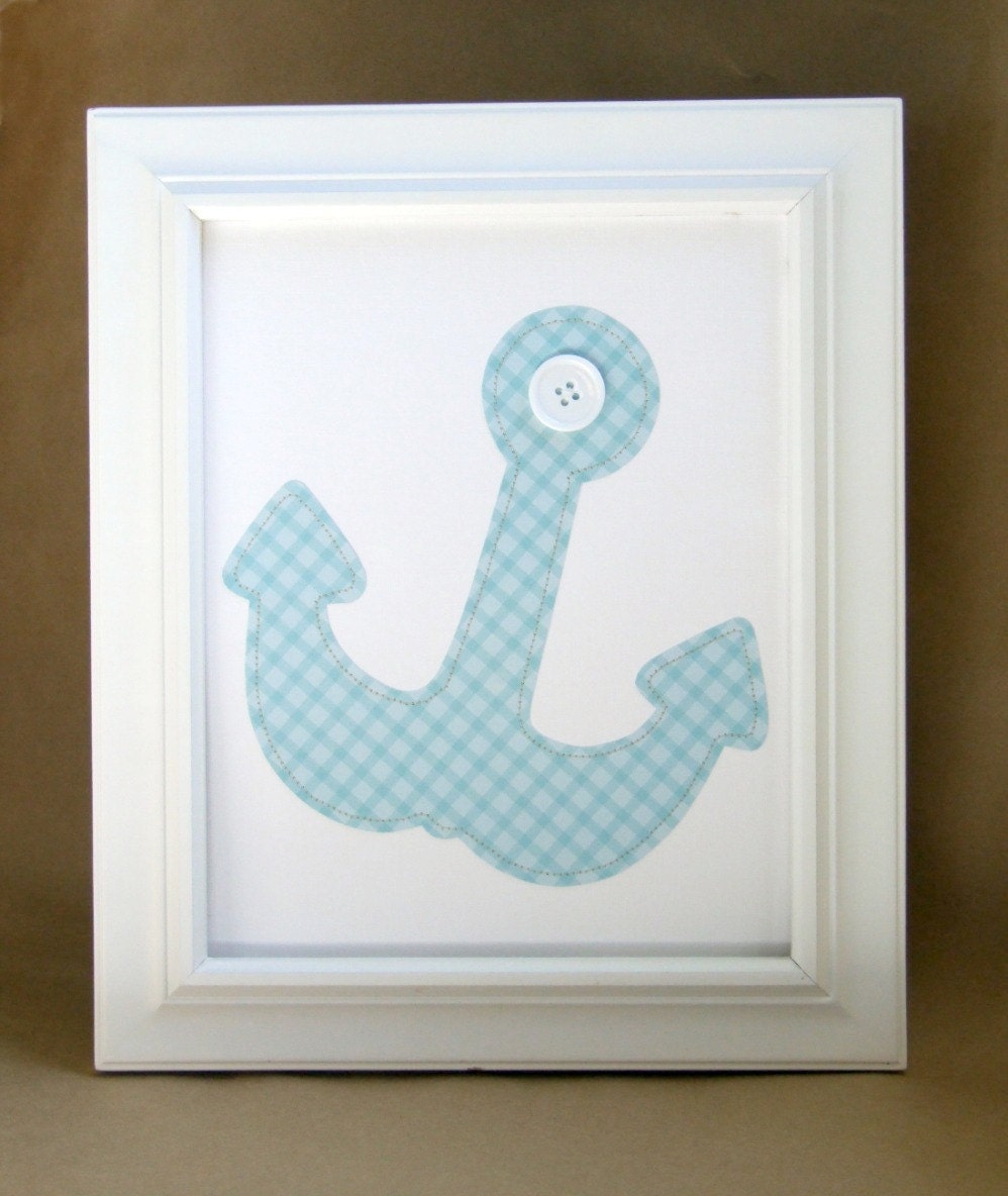 Blue Beach Anchor 8 x 10 Sewn Paper Collage Nautical Decor