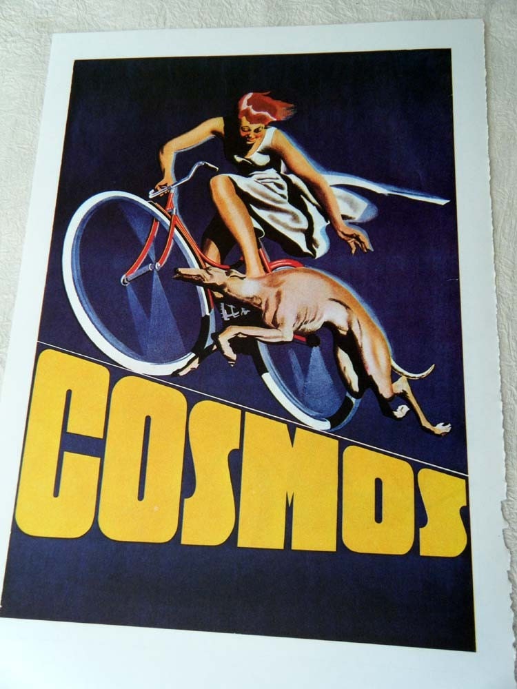 Vintage Bicycle Poster Cosmos Bicycle with Running Greyhound Dog Poster Size Book Plate