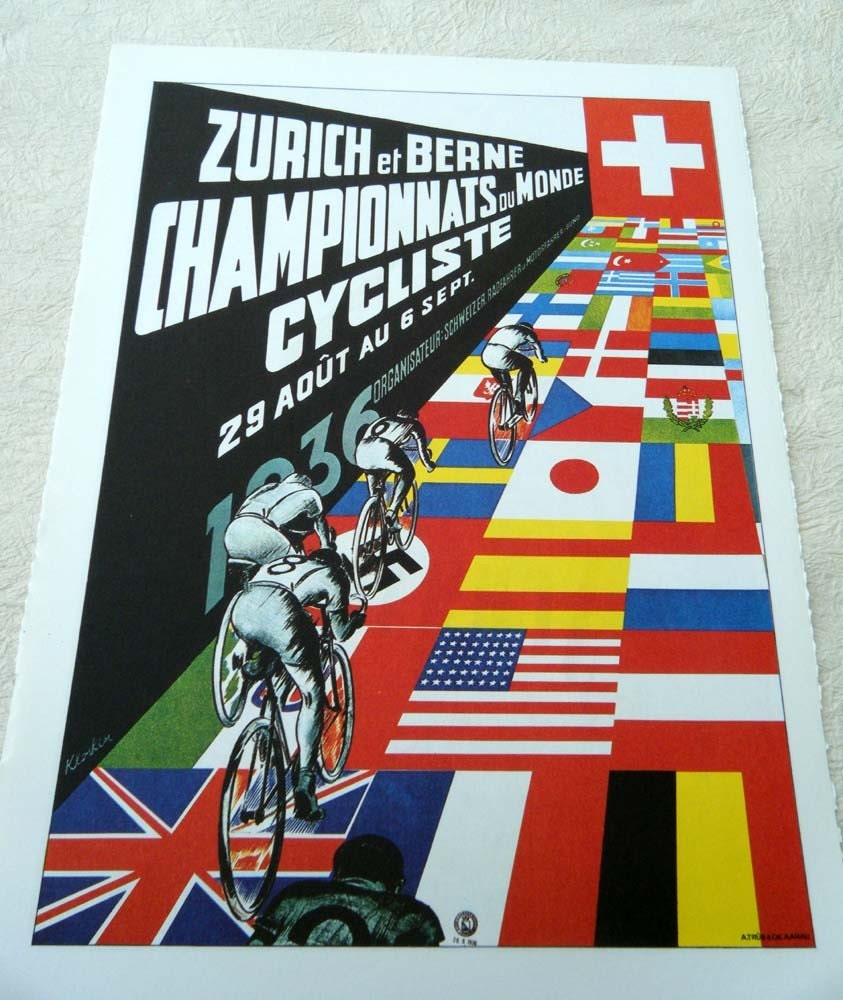 Vintage Bicycle Poster 1936 Zurich and Bern Cycling World Championships Poster Size Book Plate