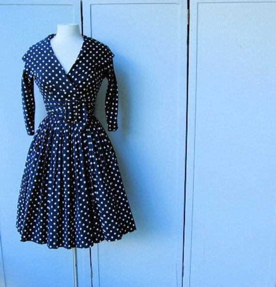 Navy Polka  Dress on Vintage 1940s Navy Blue Polka Dot Dress Xs By Smallearthvintage