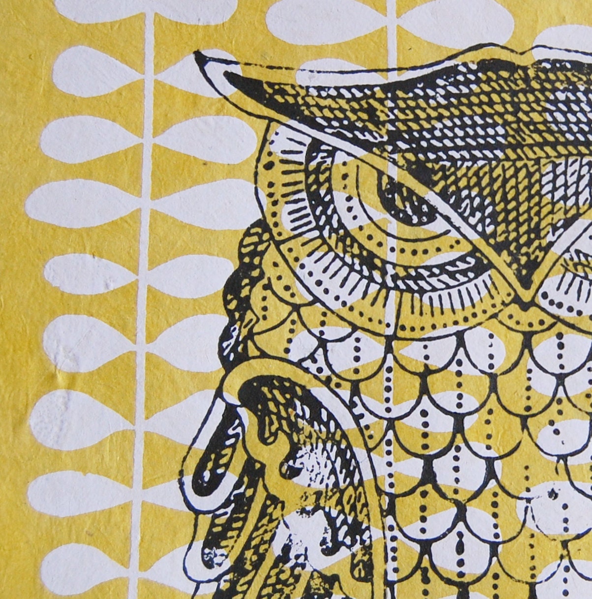 hand-printed owl, original, 11 x 14, NEW 2012 line
