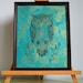 Owl print on teal with gold mums, original 11 x 14 poster