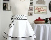 RESERVED FOR  janetlb---Retro DOUBLE PERFECT CIRCLE Hostess Apron in White Cotton with Black and White Polka Dot Sash--READY TO SHIP