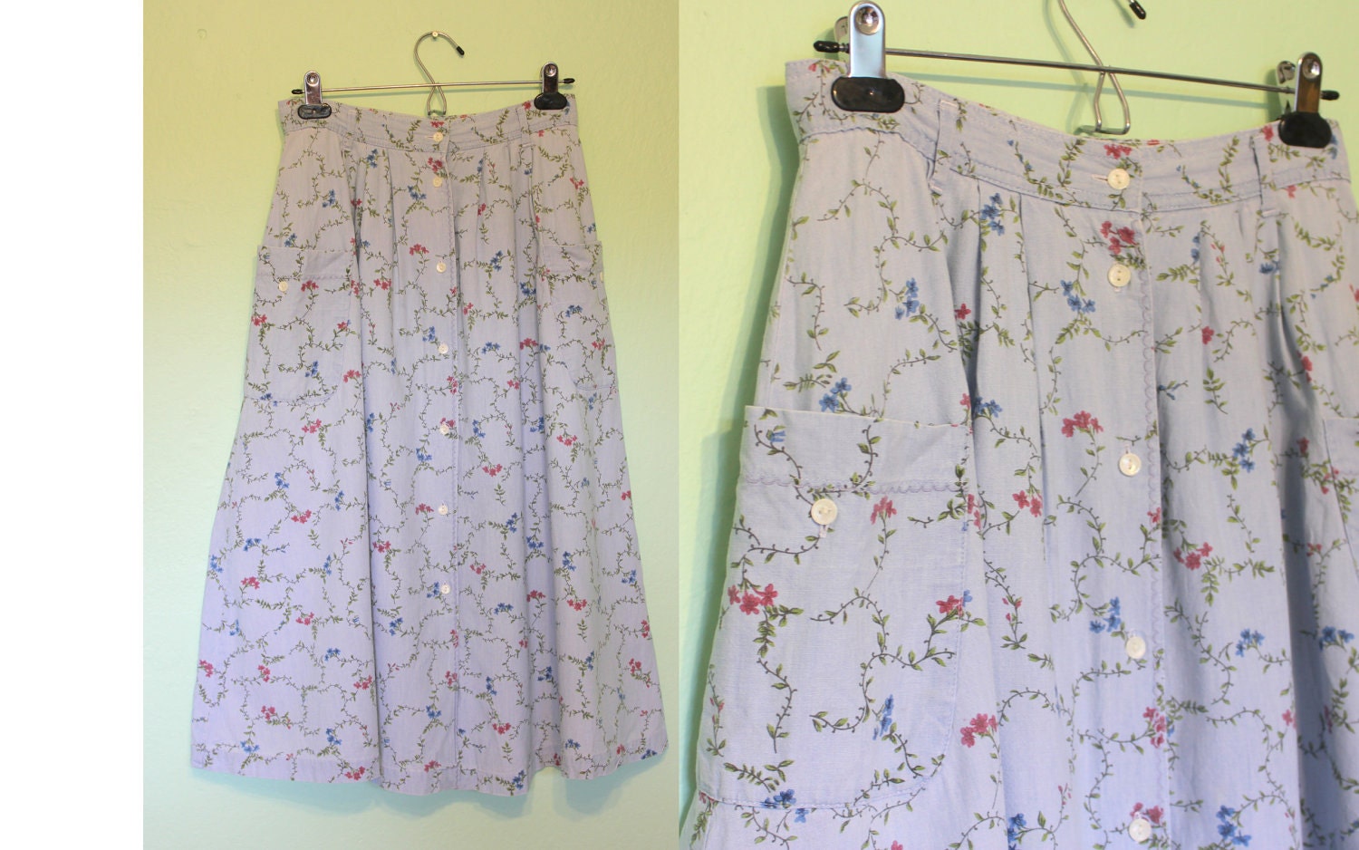 chambray floral midi a line skirt