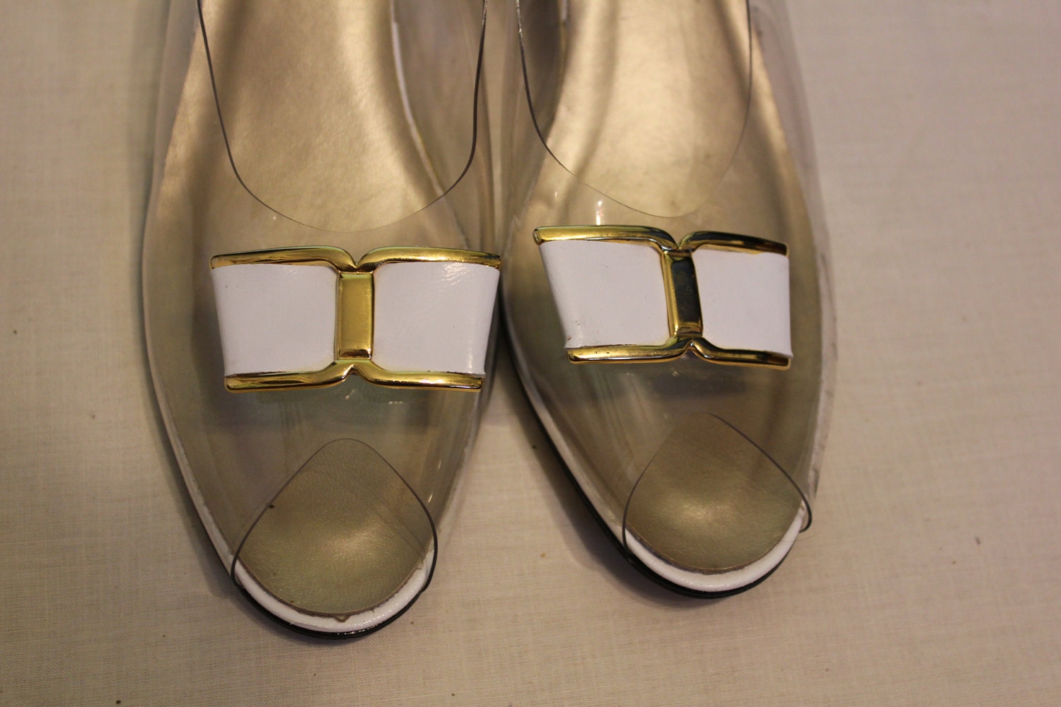 60s 70s Magdesians Cinderella clear slingback peeptoe wedges 10 N 9.5 white and gold ferragamo bow