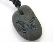 Butterfly Engraved Stone River Rock Necklace