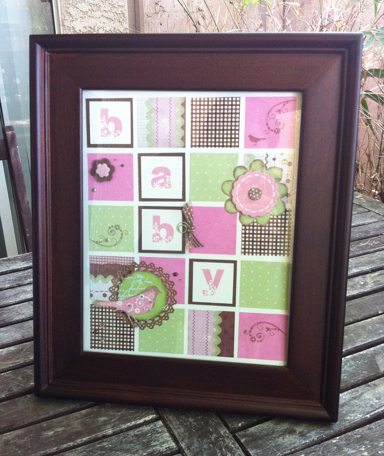 Baby Girl Brown, Pink, Green with Bird Custom-Designed (What's in a Frame) Name Decor