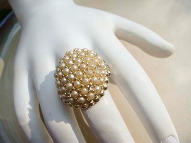 Vintage pearl cluster and rhinestone cocktail ring
