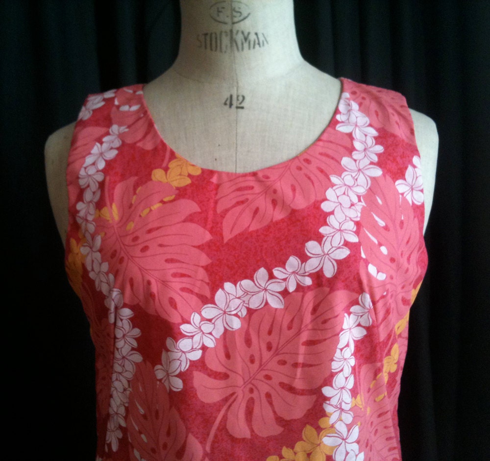 Vintage Hawaiian Shift Dress - Pink Orange and White Floral A-line size small