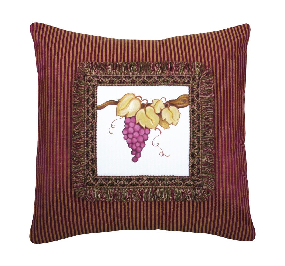 Handpainted Grapes Decorative Pillow Purple and Gold Damask and Velvet
