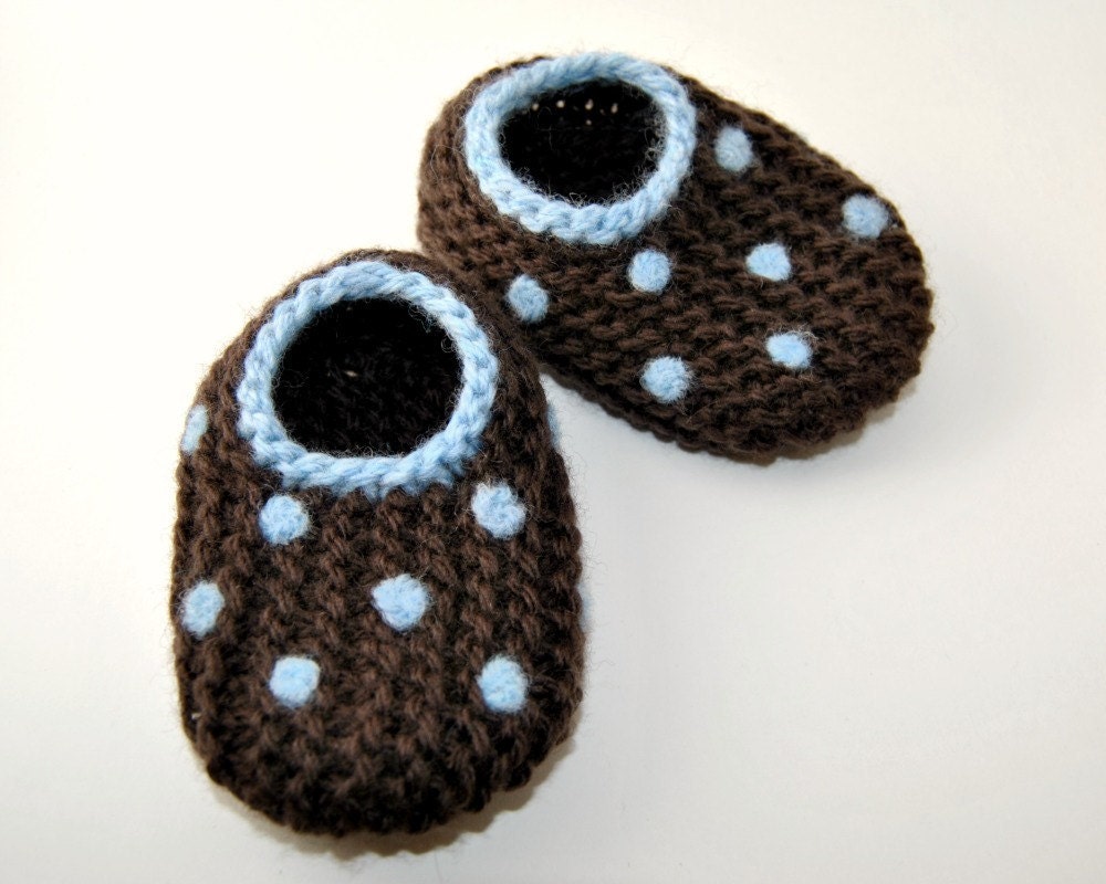 Wool Baby Slippers - Robin's Egg Blue on Dark Brown, 3,6 or 12 months