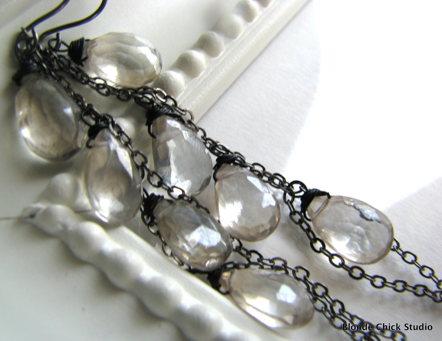 REFLECTION-Silver Quartz Cascading Long Earrings
