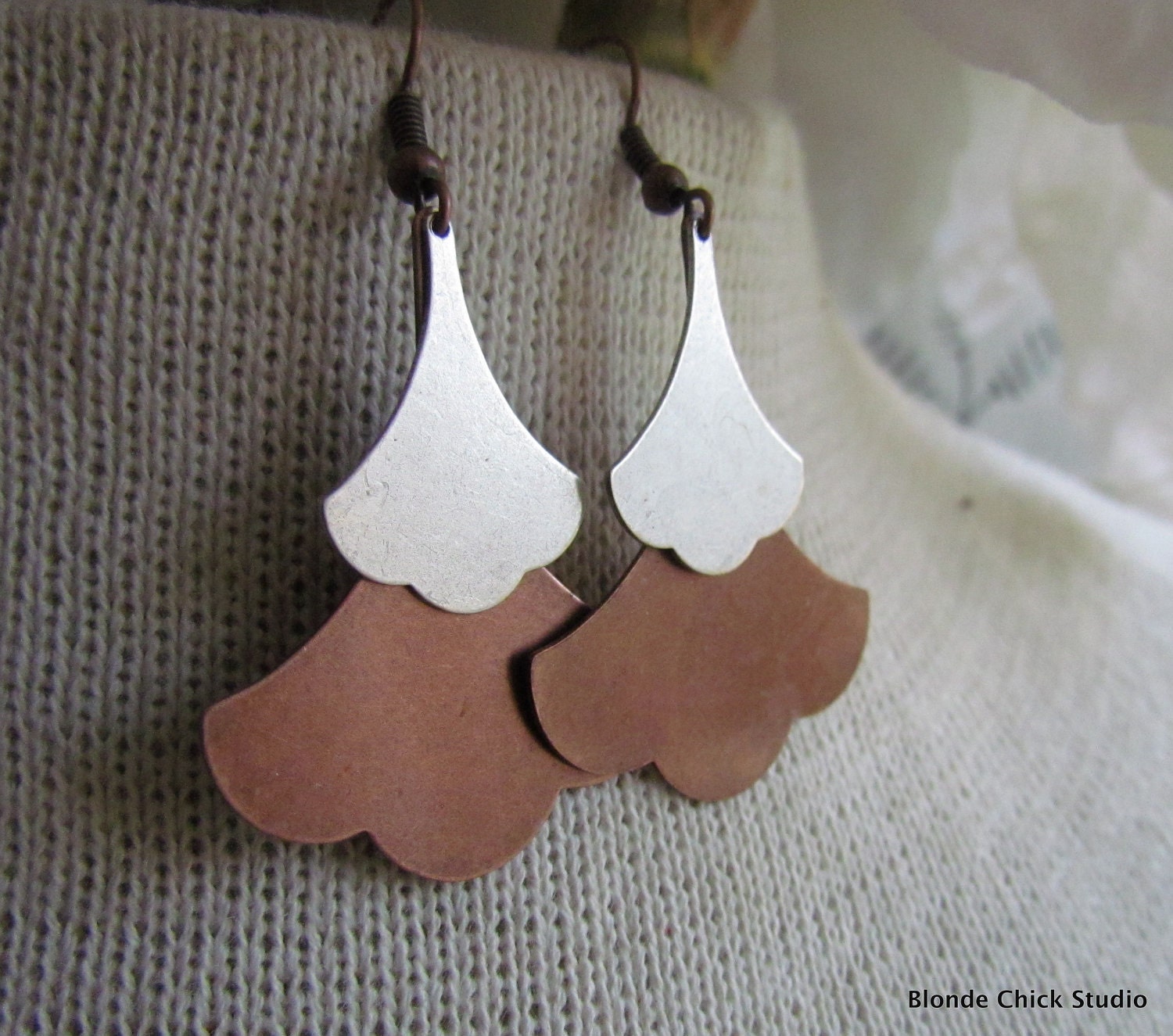 SARAH-Raw Brass and Silver Layered Ginkgo Leaf Chandelier Dangle Rustic Nature Earrings