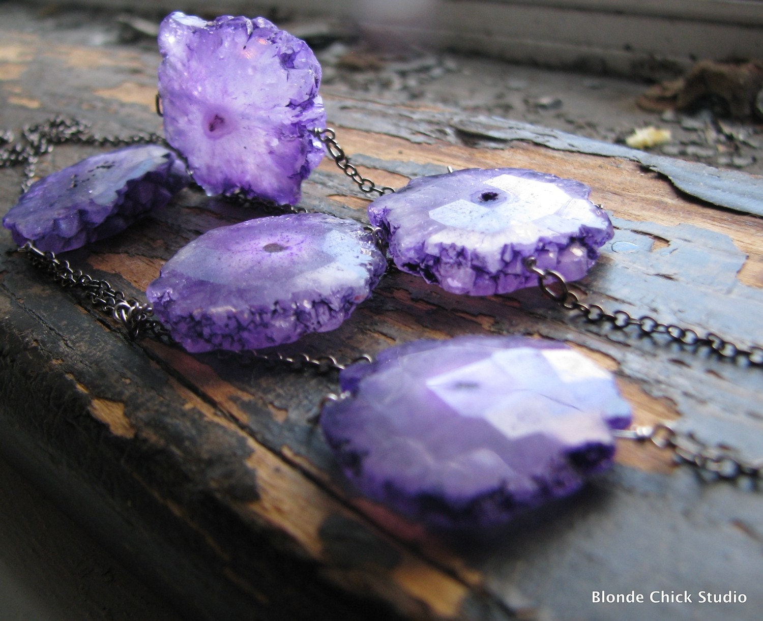 CRUSH-Vivid Grape Purple Faceted Stalactite Solar Quartz Slices & Gunmetal Necklace-Made To Order