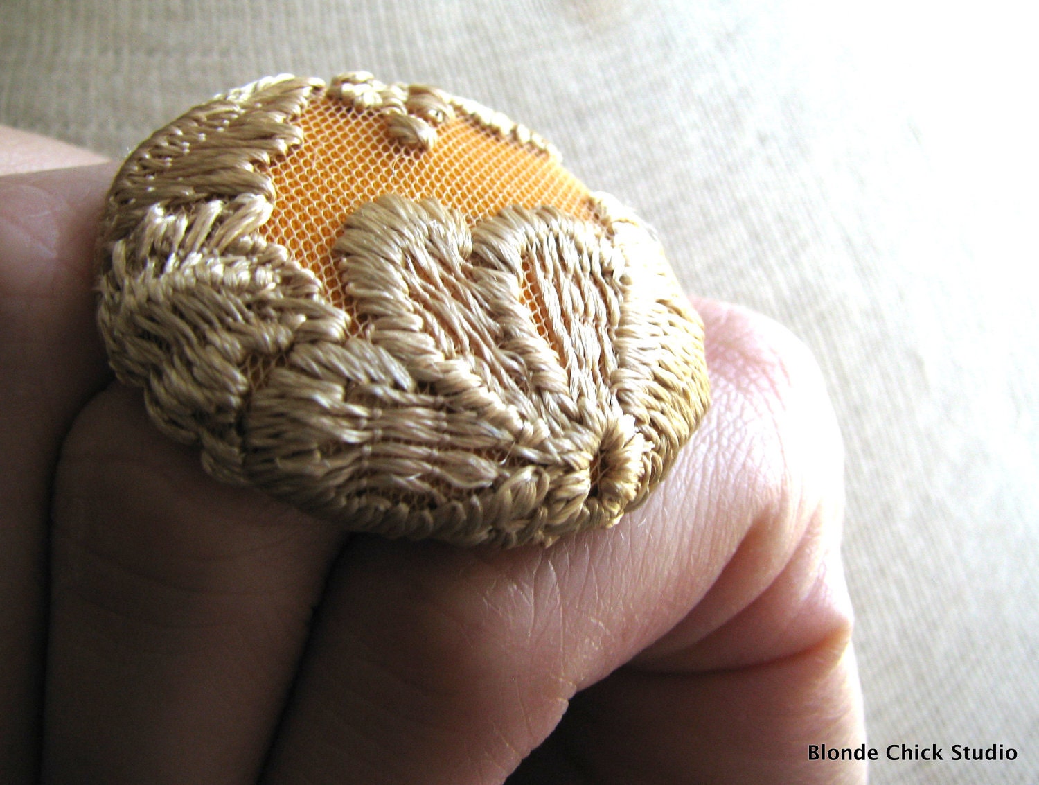 DECO RING no.33-Butter Yellow Fabric with Rich Cream Embroidery Leaves Fabric Covered Ring