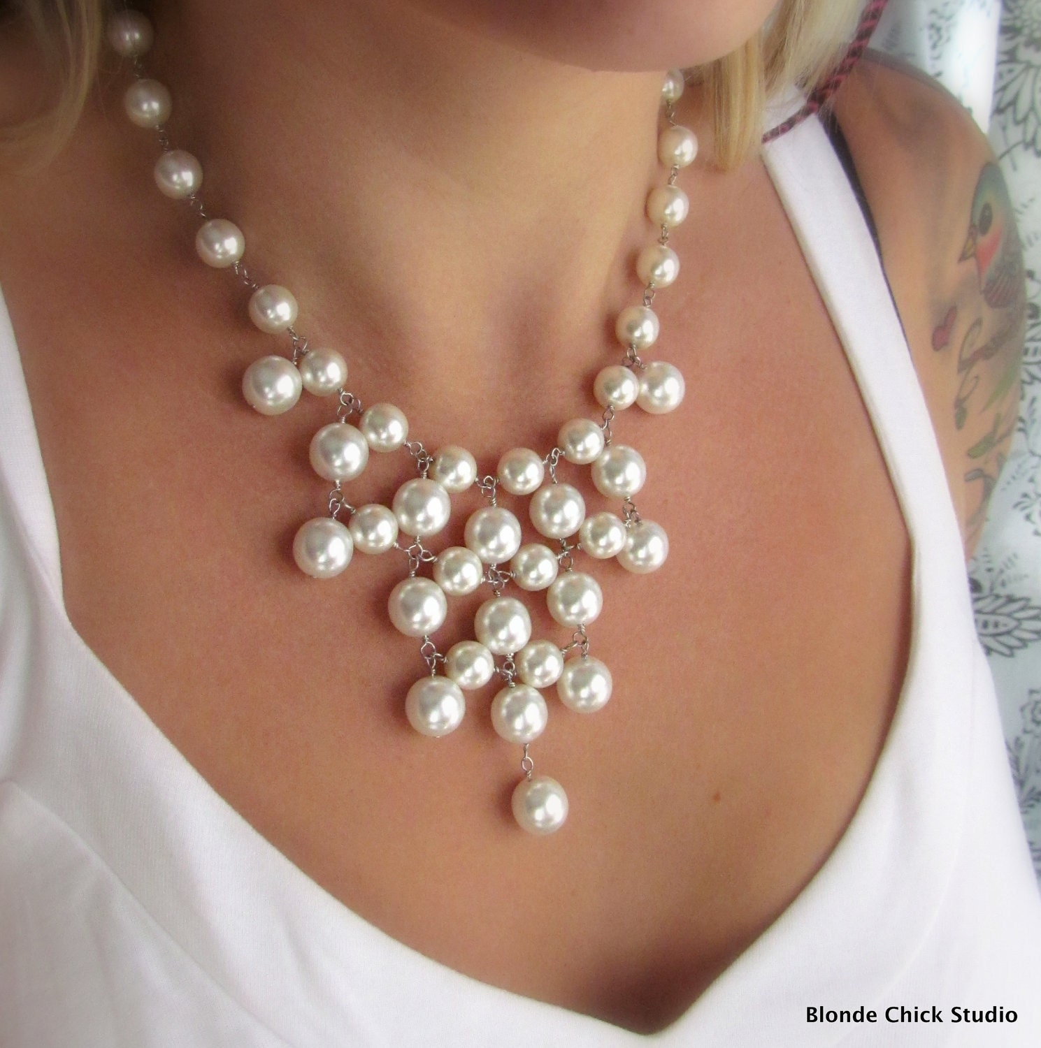 WHITNEY-White Glass Pearl Bib Style Necklace