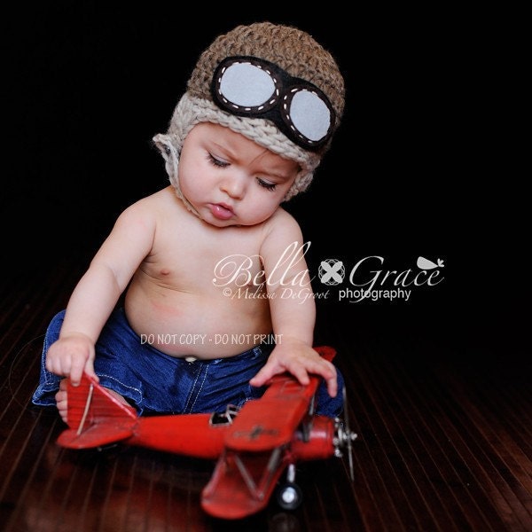 Baby Pilot Hat - Newborn Aviator Hat With Goggles - Newborn Photo Prop - Chin Strap Baby Hat - Rocketeer Size NEWBORN