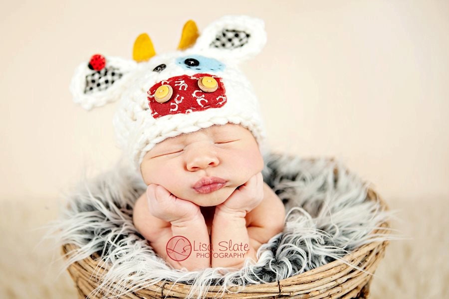 Newborn Cow Hat - Baby Cow Hat - Newborn Photo Prop - Farm Hat - Cutie Patootie Cow - Newborn Size