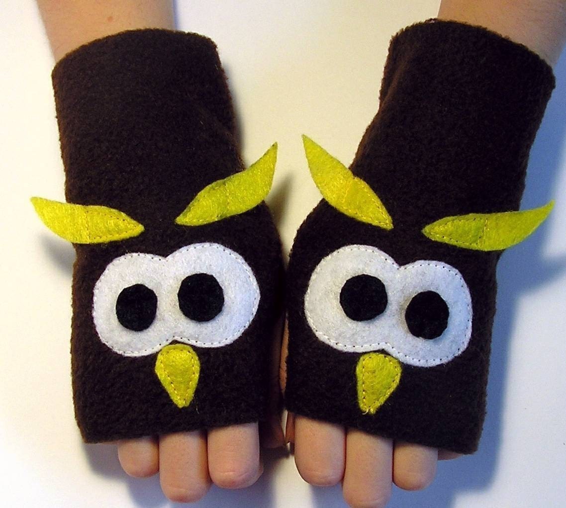 KIDS Owl Fleece Fingerless gloves (Size Kids XS to L) - Hand Warmers Arm Warmers Wrist Warmers