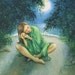 Listen- A woman sits in the full moon light by the ocean listening to the sea shell's soft whisper